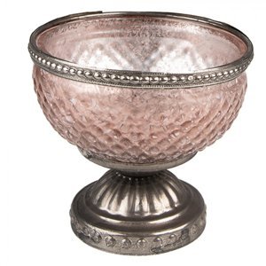 Růžový skleněný svícen na čajovou svíčku se zdobným okrajem – 11x10 cm