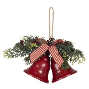Vánoční dekorace červené zvonky s větvičkou a mašlí – 17x9x12 cm