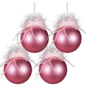 4ks růžová vánoční ozdoba koule s peříčky – 10 cm