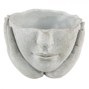 Šedý cementový květináč hlava ženy v dlaních L – 26x24x17 cm