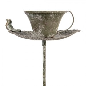 Kovový zahradní zápich šálek s podšálkem a ptáčkem – 22x21x100 cm