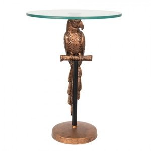 Měděný antik odkládací stolek s papouškem a skleněnou deskou Parrot – 38x53 cm