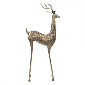 Zlatá kovová dekorativní úzká soška jelena s patinou – 55x21x132 cm