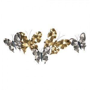 Nástěnná kovová dekorace zlato-stříbrní motýli – 124x6x51 cm