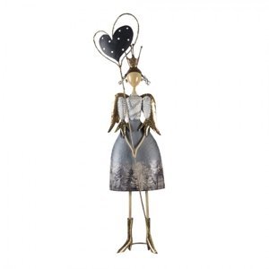 Dekorativní kovová soška anděla s křídly, korunkou a velkým srdcem – 25x13x87 cm