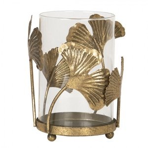 Kovovo-skleněný svícen se zlatými listy – 11x16 cm