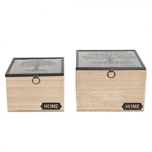 Světle hnědé dřevěné krabičky s průhledným víkem a stromem (2 ks) – 18x18x12 / 15x15x11 cm