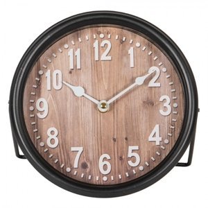 Černé kovové stolní hodiny s dřevěným dekorem – 20x6x20 cm