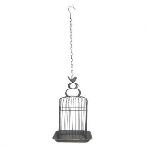 Kovová dekorativní závěsná šedá klec s ptáčkem a patinou – 27x27x46 cm