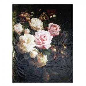Černý plyšový pléd /přehoz s květy Vintage – 130x170 cm