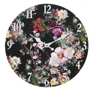 Černé nástěnné vintage hodiny s květy I – 34x4 cm