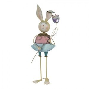 Kovová dekorace králičí slečna v sukýnce s tulipánem – 30x17x83 cm