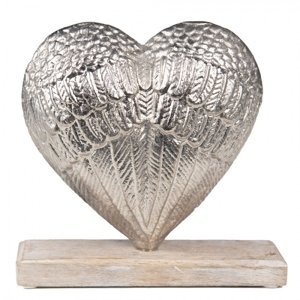 Dekorace stříbrné antik kovové srdce na dřevěném podstavci – 13x5x13 cm