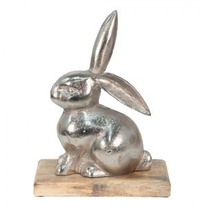 Dekorace stříbrný kovový králík na dřevěném podstavci – 21x11x28 cm