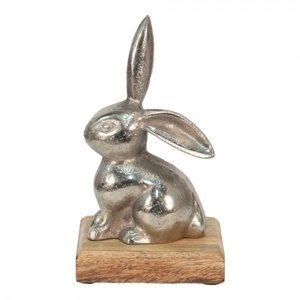 Dekorace stříbrný kovový králík na dřevěném podstavci – 11x10x20 cm