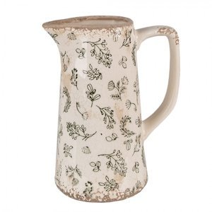 Béžový antik keramický džbán se zelenými květy – 15x10x19 cm