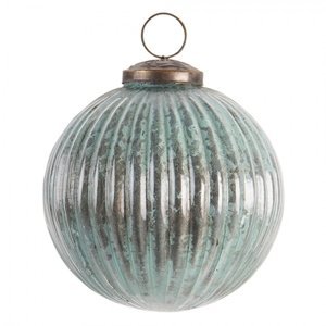 Modro šedá vánoční koule s žebrováním a patinou – 10 cm