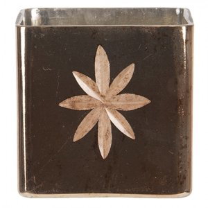 Hnědý skleněný svícen na čajovou svíčku s vyrytou květinou – 10x10x10 cm