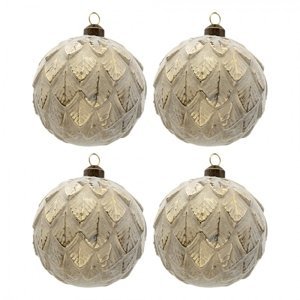 Šedo-zlaté vánoční koule s  lístky (sada 4ks) – 10 cm