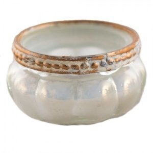 Perleťový skleněný svícen na čajovou svíčku s kovovým lemem – 6x4 cm