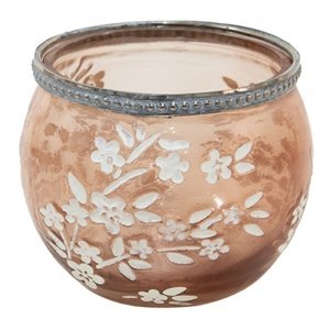 Béžovo-hnědý skleněný svícen na čajovou svíčku s květy Onfroi – 10x8 cm