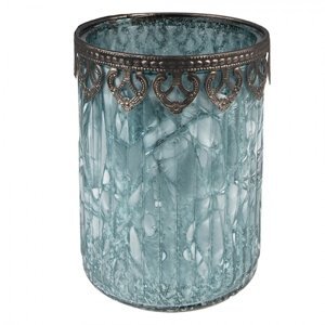 Tyrkysový skleněný svícen na čajovou svíčku se zdobným okrajem – 11x14 cm