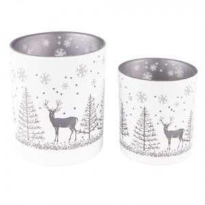 2ks bílý skleněný svícen na čajovou svíčku s jelenem a stromky – 9x10 /  7x8 cm