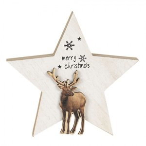 Vánoční dekorativní dřevěná hvězda s jelenem – 15x2x14 cm