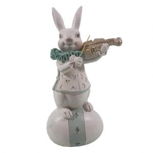 Velikonoční dekorace bílého králíka s houslemi na vajíčku – 8x7x17 cm