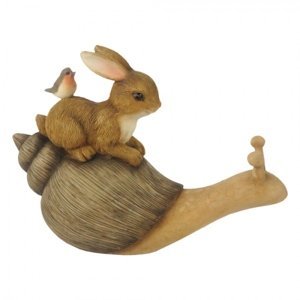 Dekorace ležící králík s ptáčkem na šnekovi – 15x6x11 cm