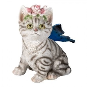 Dekorativní soška kočky s květinami a křídly – 12x10x15 cm
