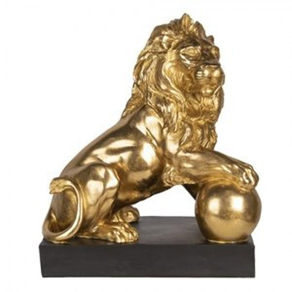 Zlatá dekorace lva na černé podestě – 38x25x44 cm