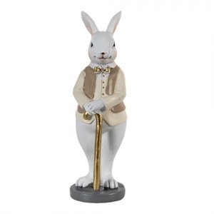 Dekorace králík v béžové košili se zlatou holí – 5x5x15 cm