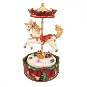 Červeno-bílý hrací vánoční kolotoč s koníkem – 11x20 cm