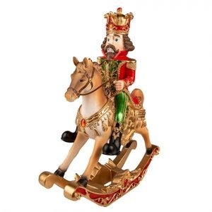 Červeno-zlatá dekorace Louskáček na houpacím koni – 32x13x39 cm