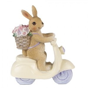 Dekorace soška králík na koloběžce s košíkem květin – 12x5x14 cm