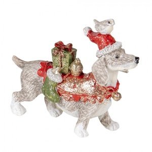 Dekorativní soška psa s dárky a čepicí – 9x3x8 cm