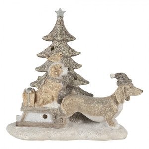 Vánoční dekorativní soška pejsků u stromečku s dárky a saněmi – 16x8x15 cm