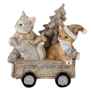 Vánoční dekorativní soška koček s čepicemi ve vozíku – 11x6x11 cm