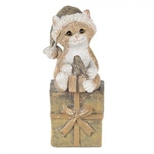 Vánoční dekorativní soška kočky s čepicí na dárku – 5x4x10 cm