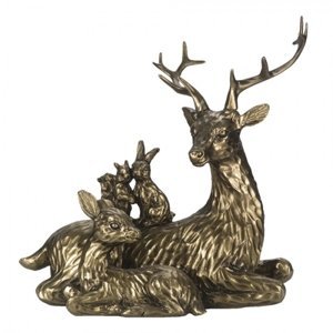 Zlatá antik dekorační socha Jelen se zvířátky – 18x9x17 cm