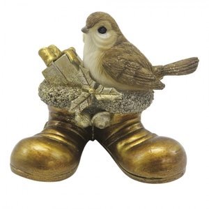 Zlatá antik vánoční dekorace ptáček s dárkem – 10x7x9 cm