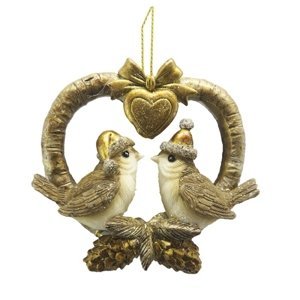Zlatá antik závěsná dekorace ptáčci v srdci – 8x2x8 cm
