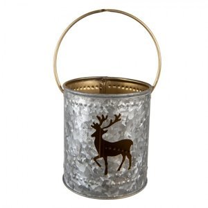 Šedý  plechový svícen na čajovou svíčku s jelenem a držadlem – 9x10 cm
