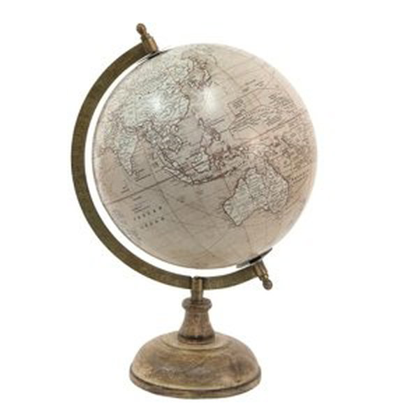 Šedý dekorativní glóbus na dřevěném podstavci Globe – 22x22x33 cm