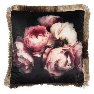 Černý polštář s růžemi a třásněmi - 45*45 cm Clayre & Eef