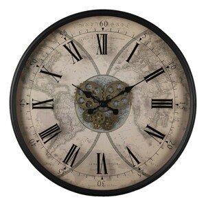 Nástěnné hodiny Chera s mapou světa a ozubenými kolečky - Ø 72*8 cm / 1*AA Clayre & Eef