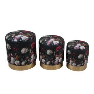 Černé sametové podnožky s motivem barevných květin Flowers - Ø 40*45 / Ø 35*40 / Ø 30*35 cm Clayre & Eef