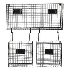 Černý kovový nástěnný stojan Set s košíky - 56*12*65 cm Clayre & Eef