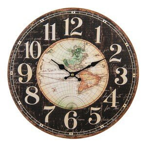 Hnědé kovové nástěnné hodiny Diego s mapou  - Ø 34*1 cm / 1*AA Clayre & Eef